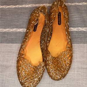 Gold Glitter Jelly Flats Women Size 42 Sparkle Ballet Festival Shoes